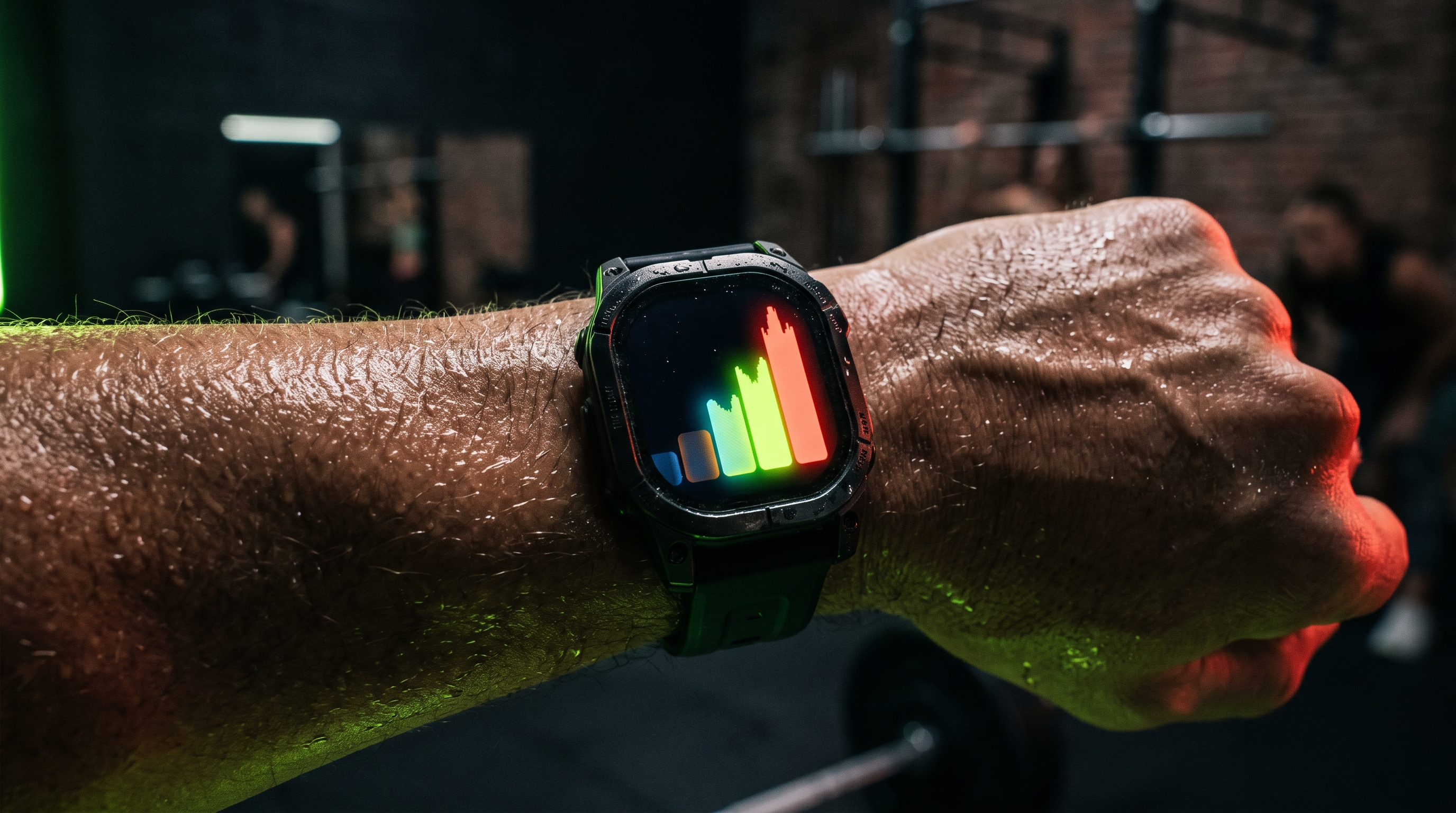Nahaufnahme eines Fitness-Trackers mit leuchtender Herzfrequenz-Zonen-Anzeige