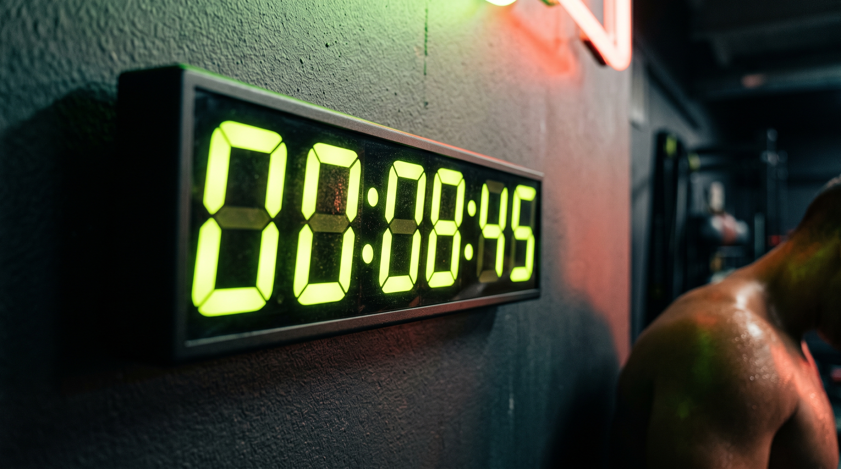 Digitale Countdown-Anzeige mit leuchtenden lime-grünen Ziffern an einer Studiowand