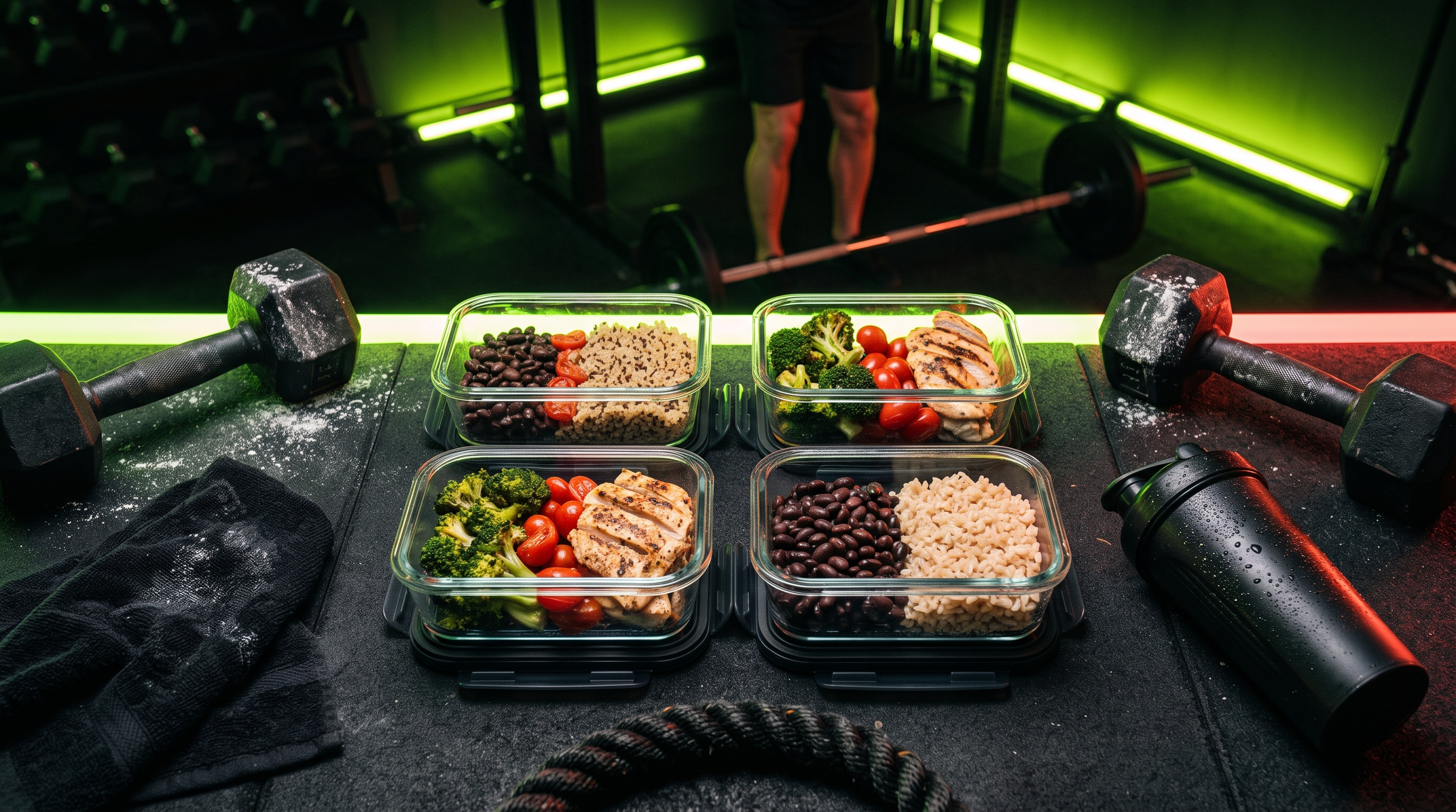 Overhead-Aufnahme von proteinreichen Meal-Prep-Boxen auf dunklem Untergrund