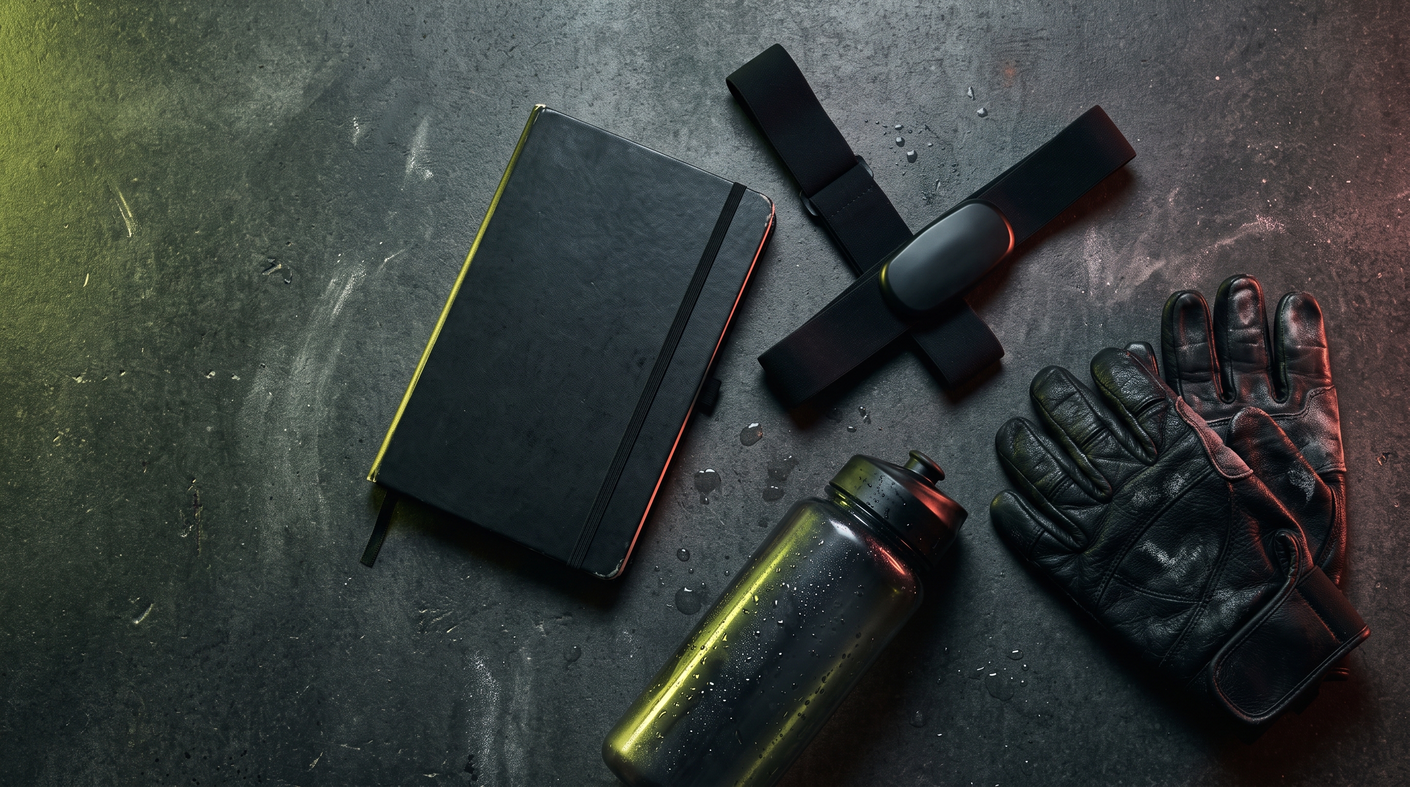 Flat-Lay von Notizbuch, Herzfrequenz-Gurt, Wasserflasche und Trainingshandschuhen auf dunklem Untergrund