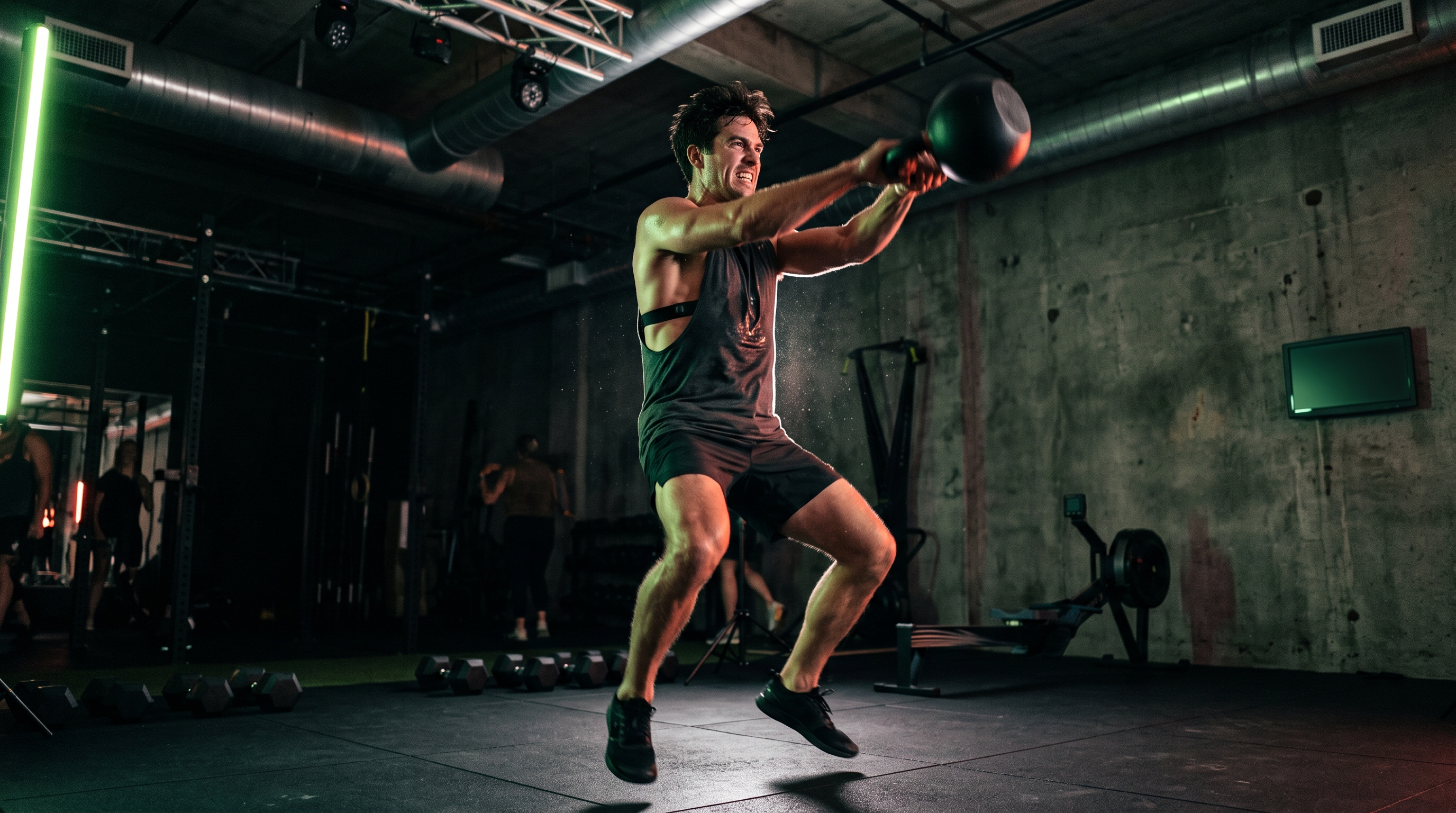 Athlet in voller Bewegung während einer HIIT-Session bei PULS36, Herzfrequenz-Gurt sichtbar