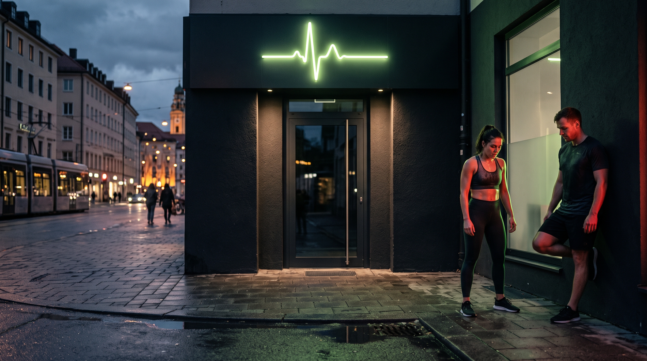 Minimalistischer Studio-Eingang in der Abenddämmerung mit leuchtender Neon-Installation über der Tür