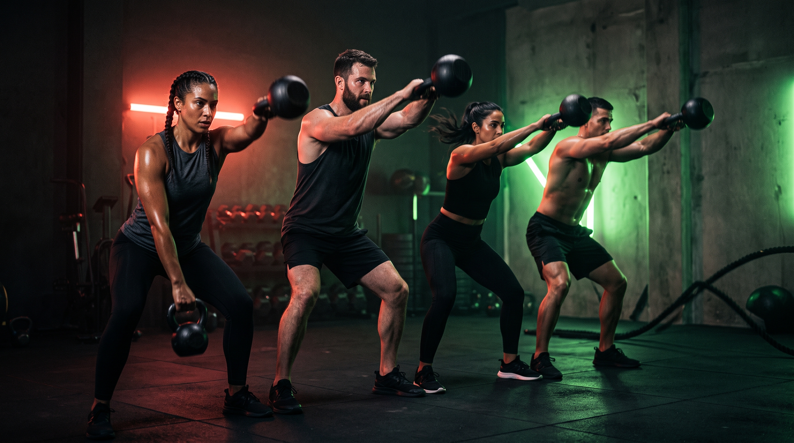 Gruppe von Athleten bei synchronisiertem Kettlebell-Training, PULS36 Signature