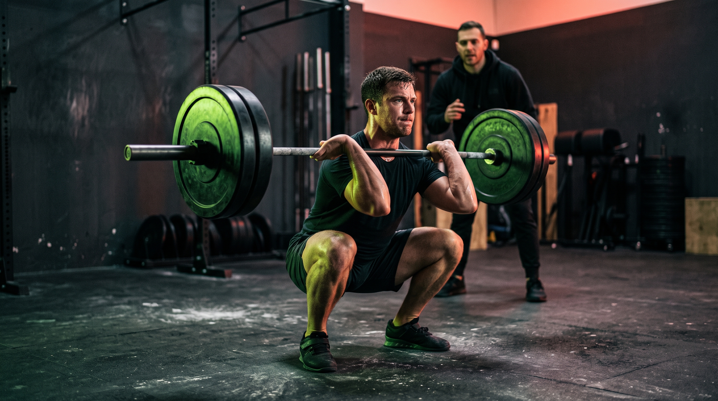 Athlet bei einer Langhantel-Kniebeuge mit korrekter Tiefe, Strength Lab