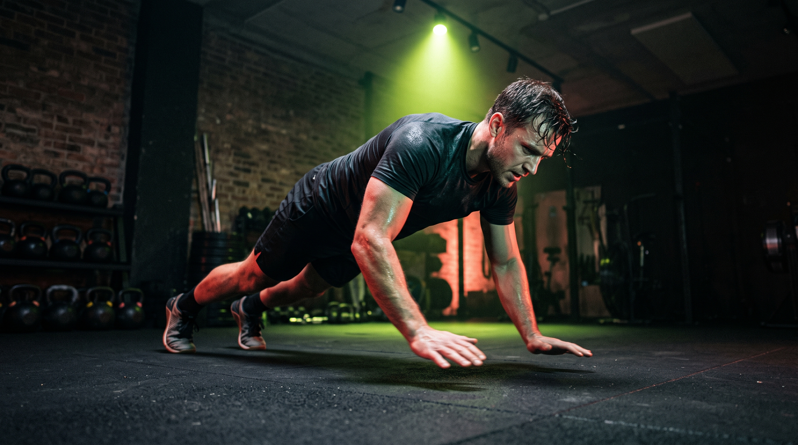 Athlet mitten in einem Burpee, sichtbare Anstrengung, Metcon
