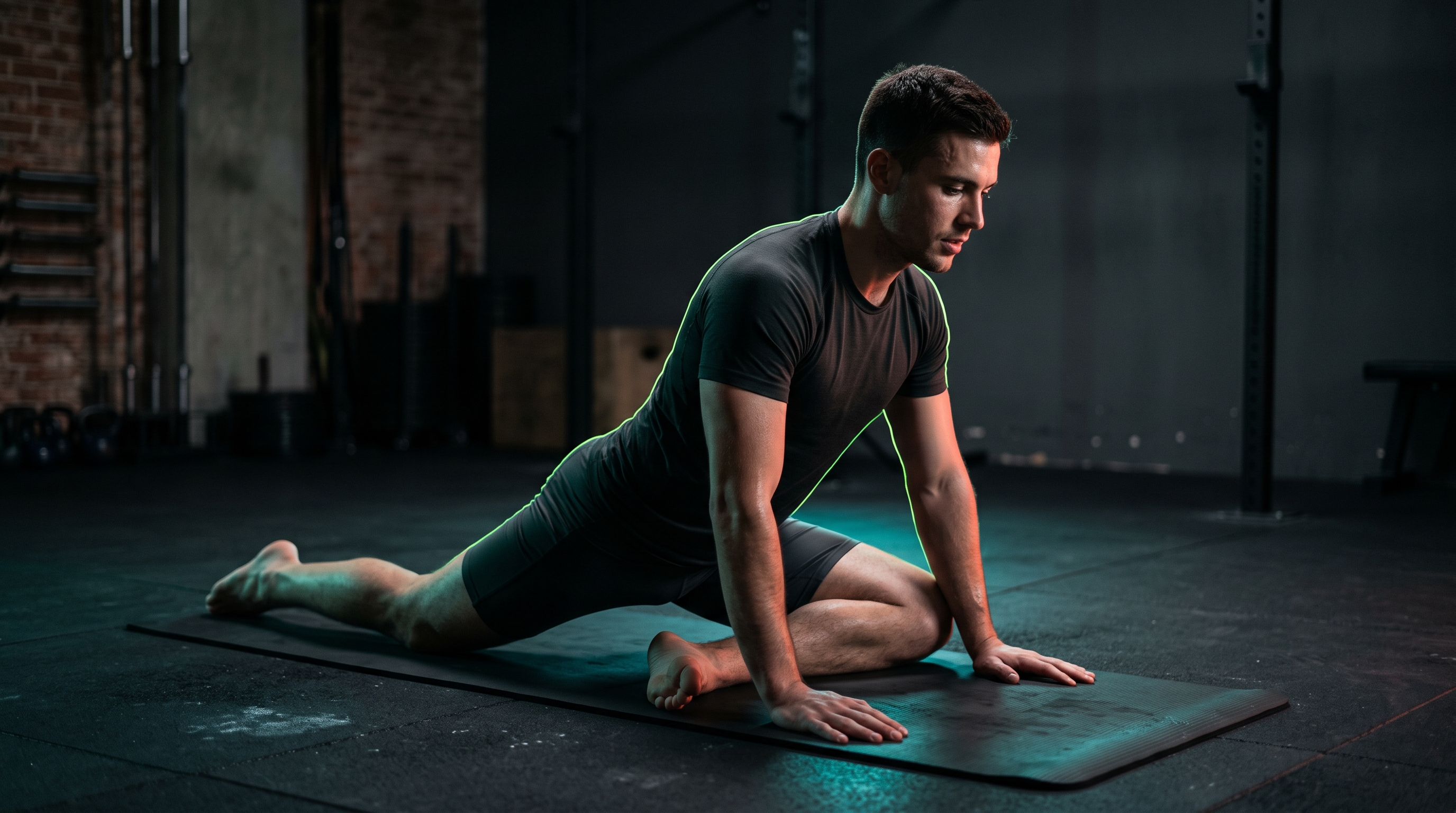 Athlet in ruhiger Mobility-Dehnhaltung auf einer Matte, Recovery Flow