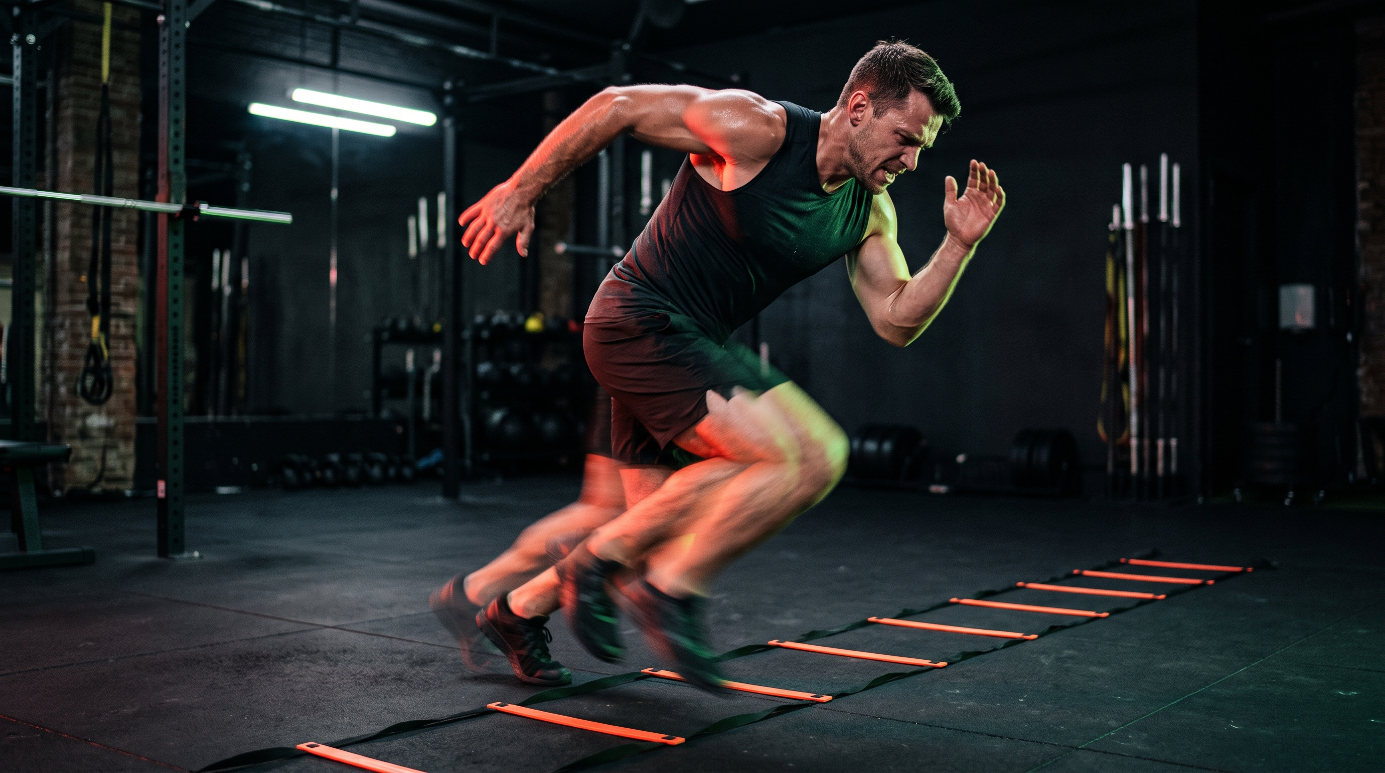 Athlet bei einem seitlichen Sprint mit starker Bewegungsunschärfe, Athletic Conditioning