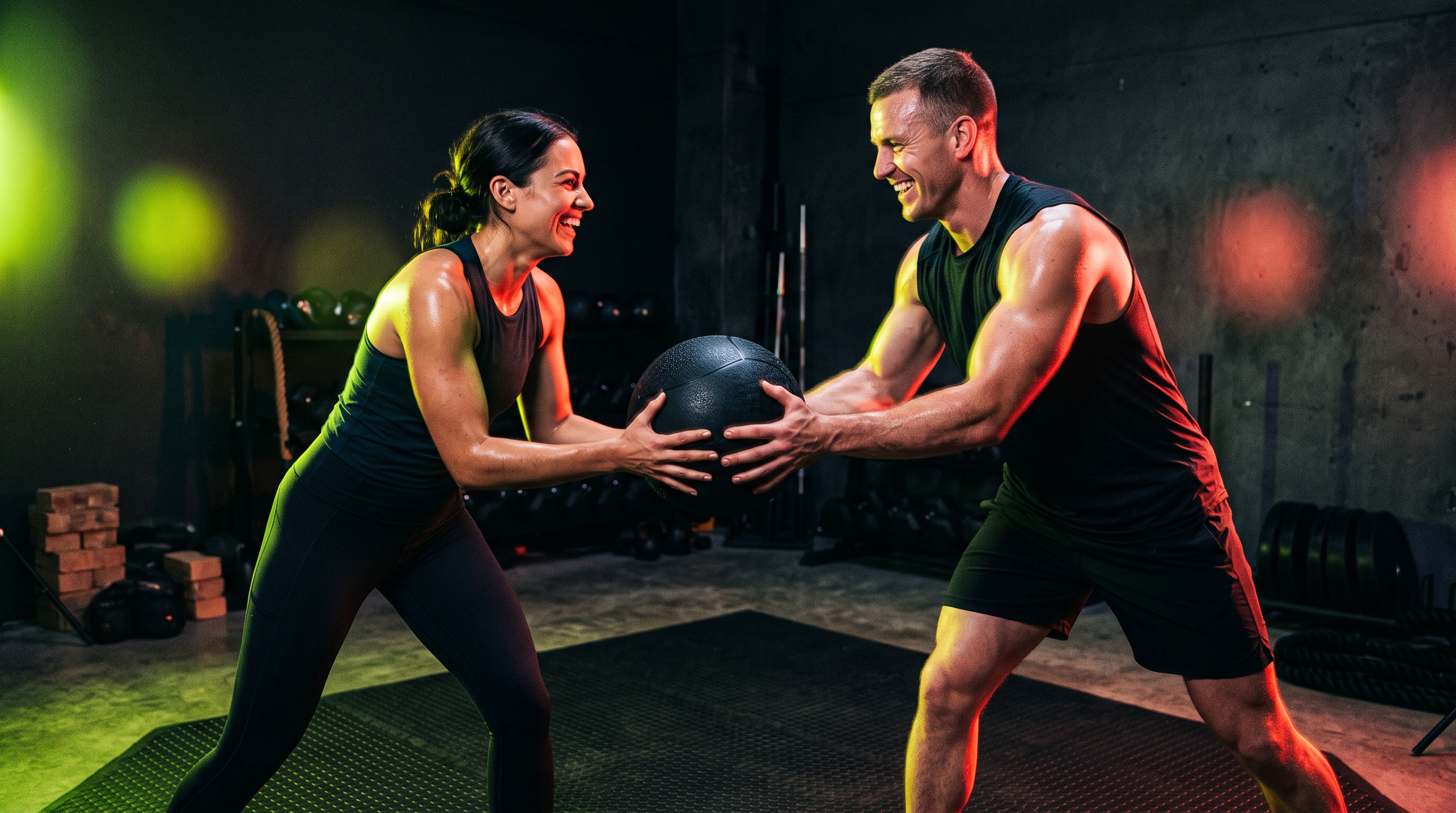 Zwei Athleten bei einer gemeinsamen Partnerübung mit Medizinball, Partner WOD